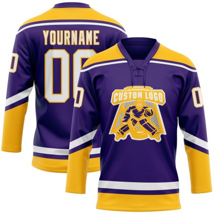 Personalized Purple White-Gold Hockey Lace Neck Jersey Team Custom Name and Number