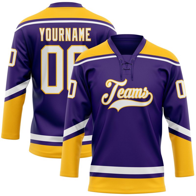 Personalized Purple White-Gold Hockey Lace Neck Jersey Team Custom Name and Number