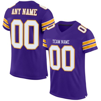 Personalized Purple White-Gold Mesh Authentic Football Jersey Team Custom Name and Number