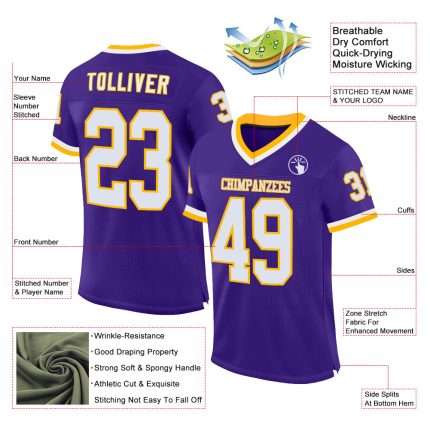 Personalized Purple White-Gold Mesh Authentic Throwback Football Jersey Team Custom Name and Number