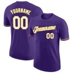 Personalized Purple White-Gold Performance T-Shirt Team Custom Name and Number