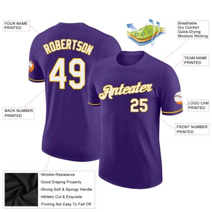 Personalized Purple White-Gold Performance T-Shirt Team Custom Name and Number