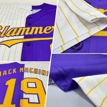 Personalized Purple White-Gold Pinstripe Authentic Split Fashion Baseball Jersey Team Custom Name and Number