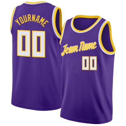 Personalized Purple White-Gold Round Neck Rib-Knit Basketball Jersey Team Custom Name and Number