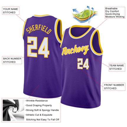 Personalized Purple White-Gold Round Neck Rib-Knit Basketball Jersey Team Custom Name and Number