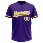 Personalized Purple White-Gold Two-Button Unisex Softball Jersey Team Custom Name and Number