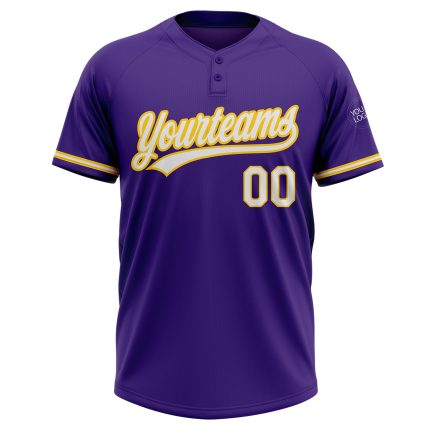 Personalized Purple White-Gold Two-Button Unisex Softball Jersey Team Custom Name and Number