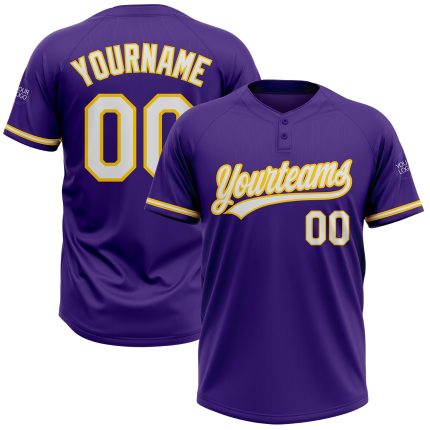 Personalized Purple White-Gold Two-Button Unisex Softball Jersey Team Custom Name and Number