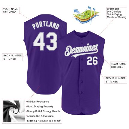Personalized Purple White-Gray Authentic Sleeveless Baseball Jersey Team Custom Name and Number