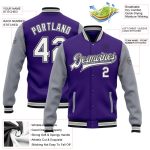 Personalized Purple White Gray-Black Bomber Full-Snap Varsity Letterman Two Tone Jacket Team Custom Name and Number