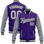 Personalized Purple White Gray-Black Bomber Full-Snap Varsity Letterman Two Tone Jacket Team Custom Name and Number