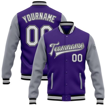 Personalized Purple White Gray-Black Bomber Full-Snap Varsity Letterman Two Tone Jacket Team Custom Name and Number