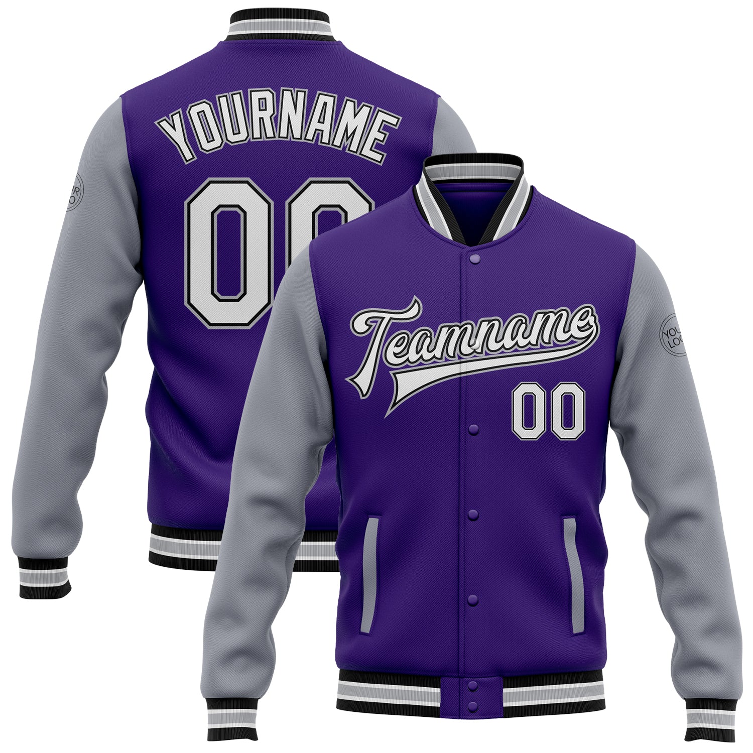 Personalized Purple White Gray-Black Bomber Full-Snap Varsity Letterman Two Tone Jacket Team Custom Name and Number