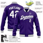 Personalized Purple White-Gray Bomber Full-Snap Varsity Letterman Jacket Team Custom Name and Number