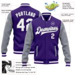 Personalized Purple White-Gray Bomber Full-Snap Varsity Letterman Two Tone Jacket Team Custom Name and Number