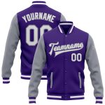 Personalized Purple White-Gray Bomber Full-Snap Varsity Letterman Two Tone Jacket Team Custom Name and Number