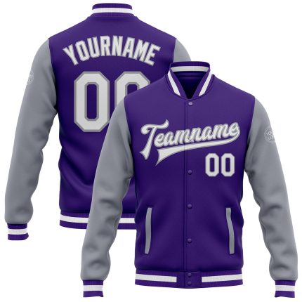 Personalized Purple White-Gray Bomber Full-Snap Varsity Letterman Two Tone Jacket Team Custom Name and Number