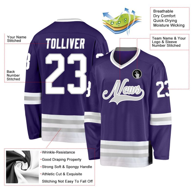 Personalized Purple White-Gray Hockey Jersey Team Custom Name and Number