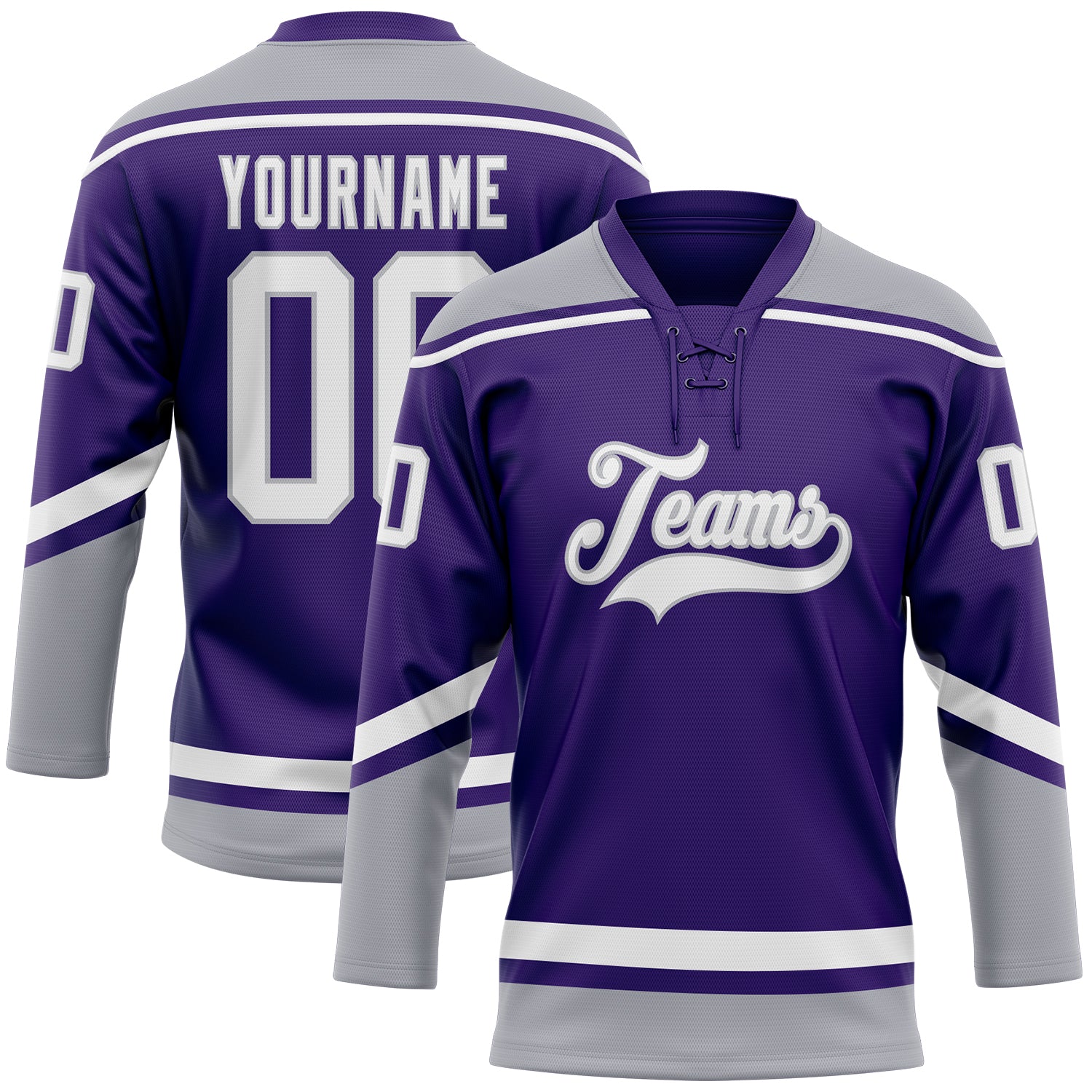 Personalized Purple White-Gray Hockey Lace Neck Jersey Team Custom Name and Number