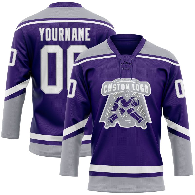 Personalized Purple White-Gray Hockey Lace Neck Jersey Team Custom Name and Number