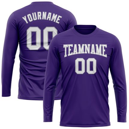 Personalized Purple White-Gray Long Sleeve Performance T-Shirt Team Custom Name and Number
