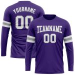 Personalized Purple White-Gray Long Sleeve Performance T-Shirt Team Custom Name and Number