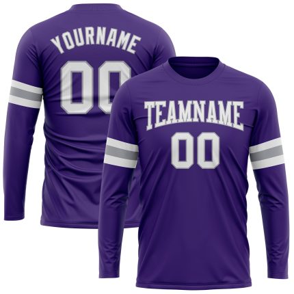 Personalized Purple White-Gray Long Sleeve Performance T-Shirt Team Custom Name and Number