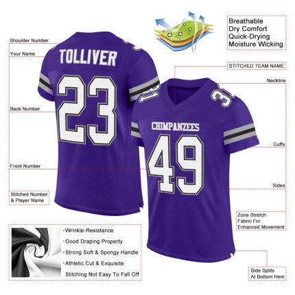 Personalized Purple White-Gray Mesh Authentic Football Jersey Team Custom Name and Number