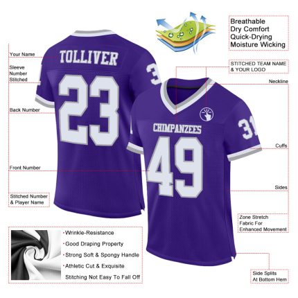 Personalized Purple White-Gray Mesh Authentic Throwback Football Jersey Team Custom Name and Number