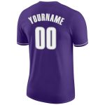 Custom purple, white and gray performance t-shirt, close-up of the collar