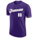 Custom purple, white and gray performance t-shirt, flat lay