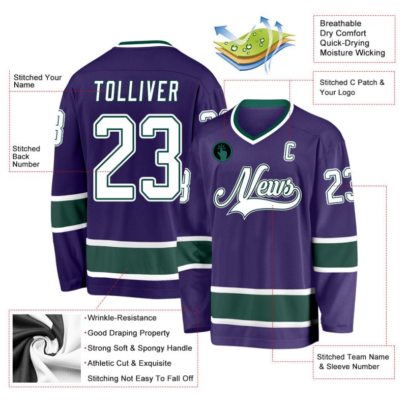 Personalized Purple White-Green Hockey Jersey Team Custom Name and Number