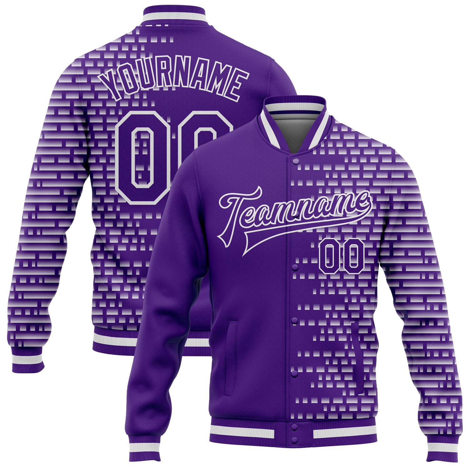 Personalized Purple White Halftone 3D Pattern Design Bomber Full-Snap Varsity Letterman Jacket Team Custom Name and Number