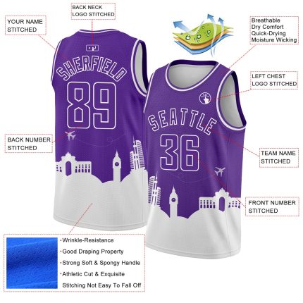 Personalized Purple White Holiday Travel Monuments Silhouette Authentic City Edition Basketball Jersey Team Custom Name and Number