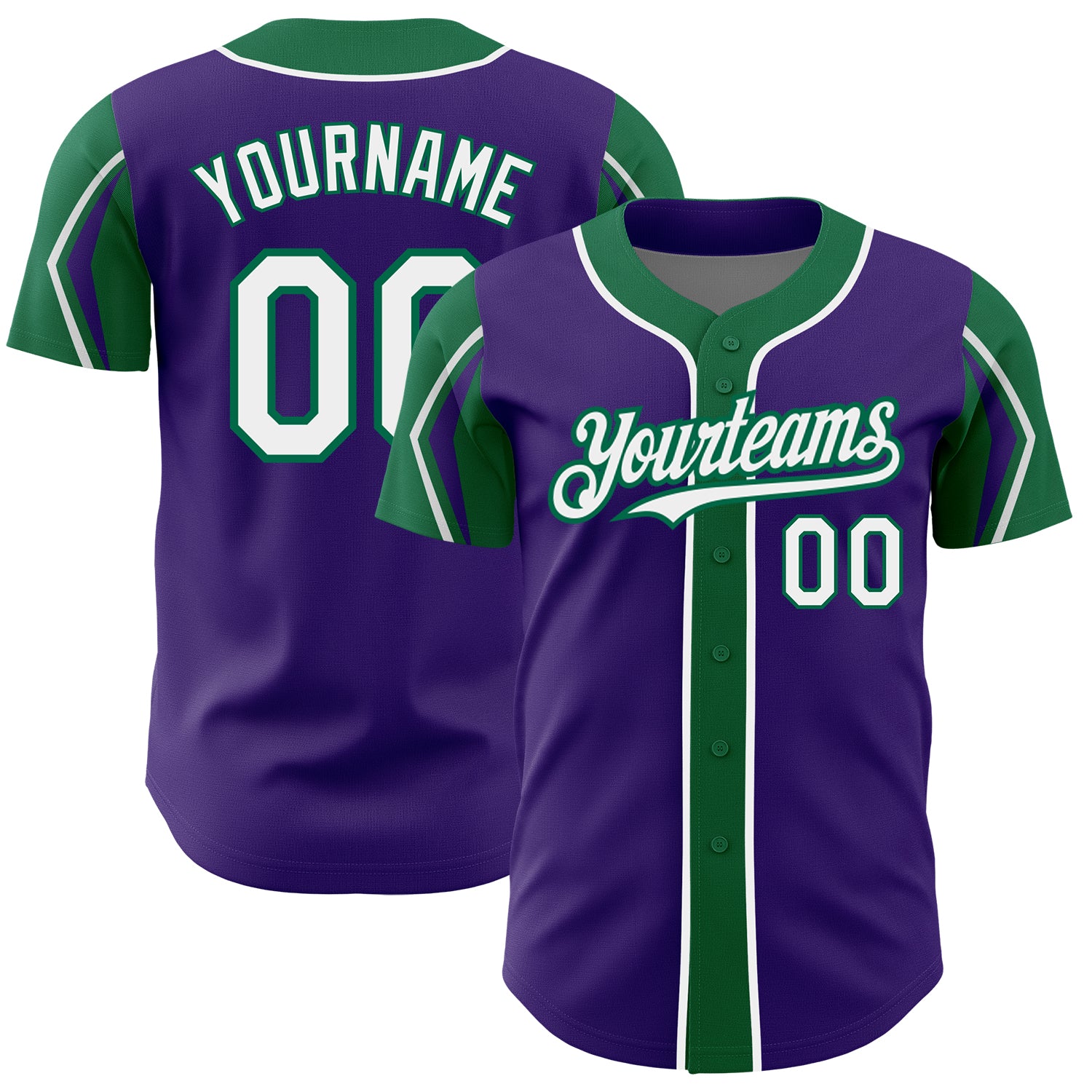 Personalized Purple White-Kelly Green 3 Colors Arm Shapes Authentic Baseball Jersey Team Custom Name and Number