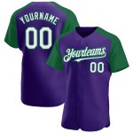 Personalized Purple White-Kelly Green Authentic Raglan Sleeves Baseball Jersey Team Custom Name and Number