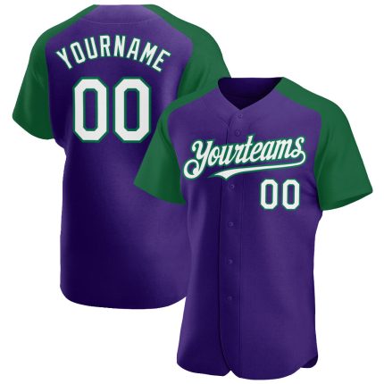 Personalized Purple White-Kelly Green Authentic Raglan Sleeves Baseball Jersey Team Custom Name and Number