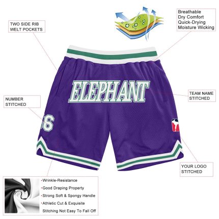 Personalized Purple White-Kelly Green Authentic Throwback Basketball Shorts Team Custom Name and Number