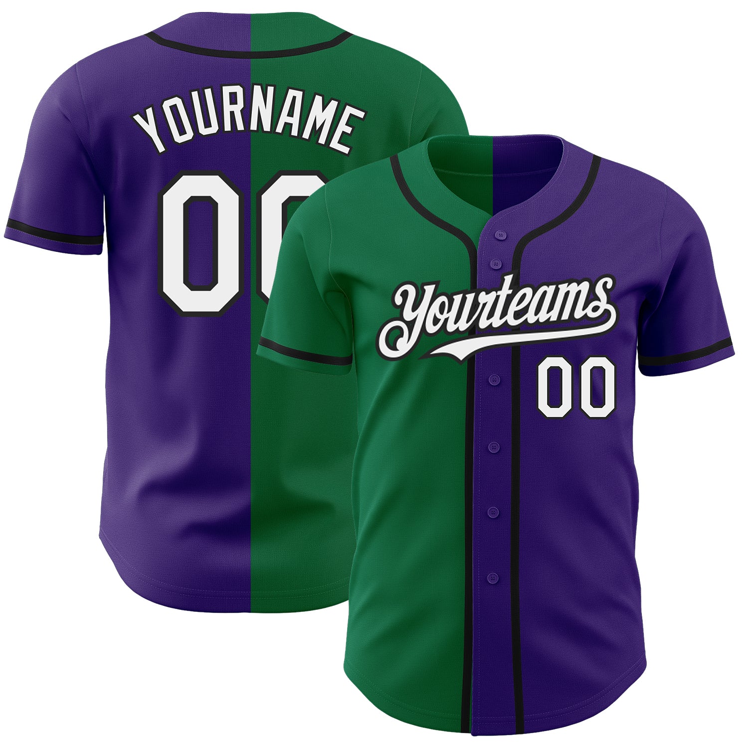 Personalized Purple White Kelly Green-Black Authentic Split Fashion Baseball Jersey Team Custom Name and Number