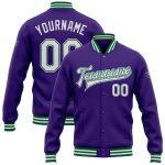 Personalized Purple White-Kelly Green Bomber Full-Snap Varsity Letterman Jacket Team Custom Name and Number