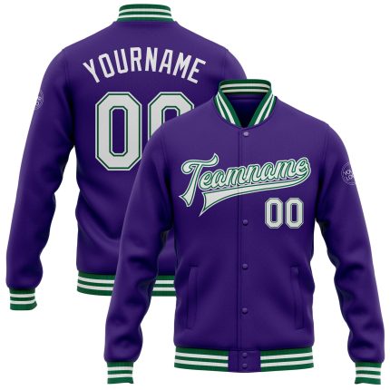 Personalized Purple White-Kelly Green Bomber Full-Snap Varsity Letterman Jacket Team Custom Name and Number