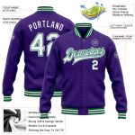 Personalized Purple White-Kelly Green Bomber Full-Snap Varsity Letterman Jacket Team Custom Name and Number