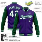 Personalized Purple White-Kelly Green Bomber Full-Snap Varsity Letterman Two Tone Jacket Team Custom Name and Number