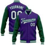 Personalized Purple White-Kelly Green Bomber Full-Snap Varsity Letterman Two Tone Jacket Team Custom Name and Number