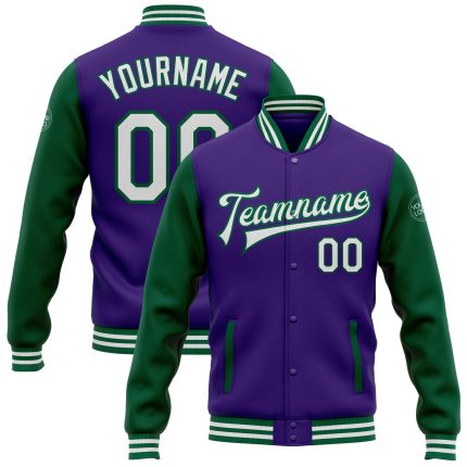 Personalized Purple White-Kelly Green Bomber Full-Snap Varsity Letterman Two Tone Jacket Team Custom Name and Number