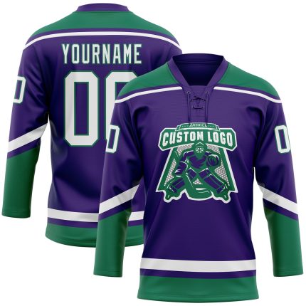Personalized Purple White-Kelly Green Hockey Lace Neck Jersey Team Custom Name and Number