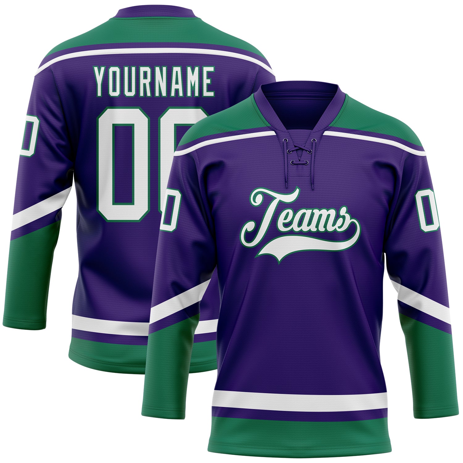 Personalized Purple White-Kelly Green Hockey Lace Neck Jersey Team Custom Name and Number