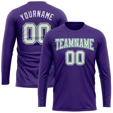 Personalized Purple White-Kelly Green Long Sleeve Performance T-Shirt Team Custom Name and Number