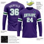 Personalized Purple White-Kelly Green Long Sleeve Performance T-Shirt Team Custom Name and Number