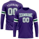Personalized Purple White-Kelly Green Long Sleeve Performance T-Shirt Team Custom Name and Number